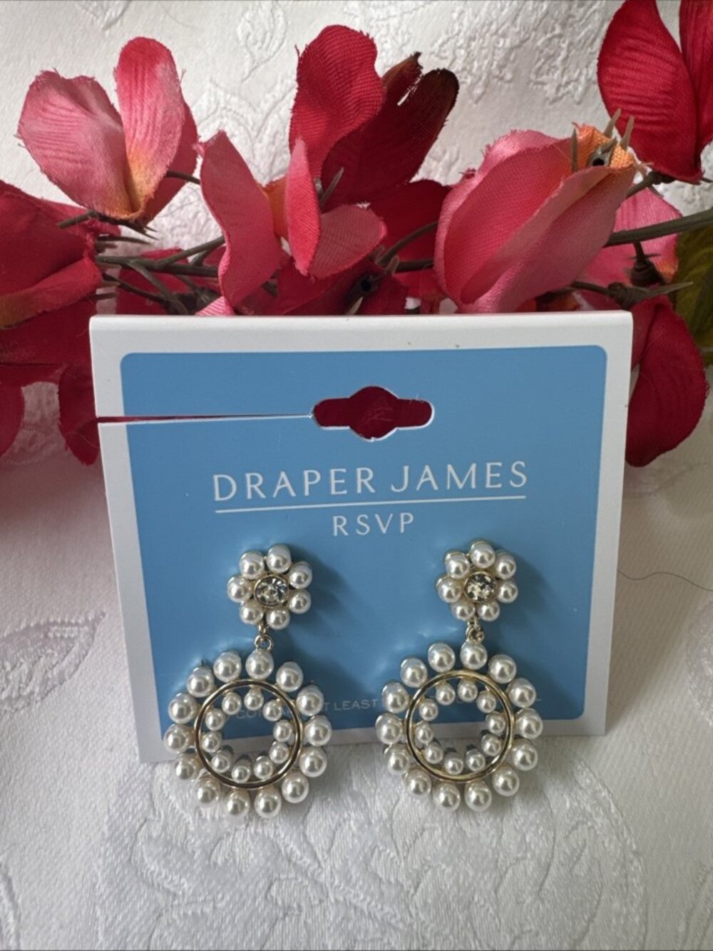 NEW DRAPER JAMES RSVP ROUND OPEN CUTWORK DROP DANGLE PEARL CZ EARRINGS 1.3"NEW
